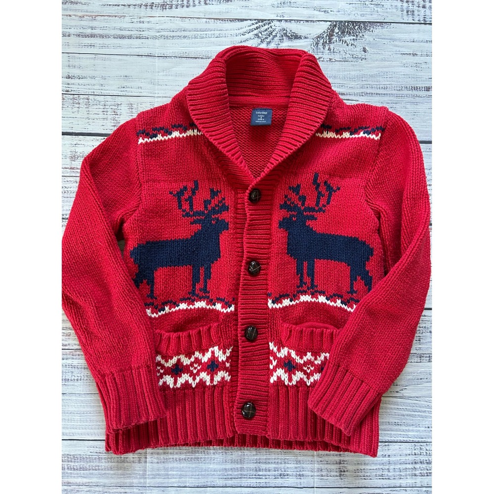 Baby Gap Reindeer Cardigan Kids Red Shawl Collar Fair Isle Knit 5T